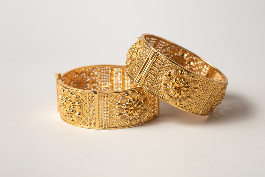 Broad Flower Design Gold Plated Bangles
